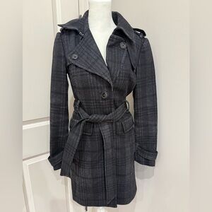Banana Republic Women's Black Plaid Trench Coat Size X-Small Italian Fabric